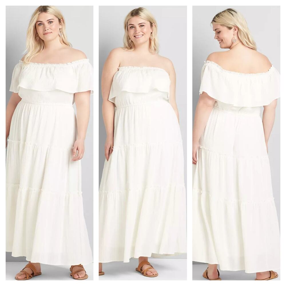 Cottagecore Lane Bryant Off Shoulder Prairie Maxi Dress White 14/16 Romantic